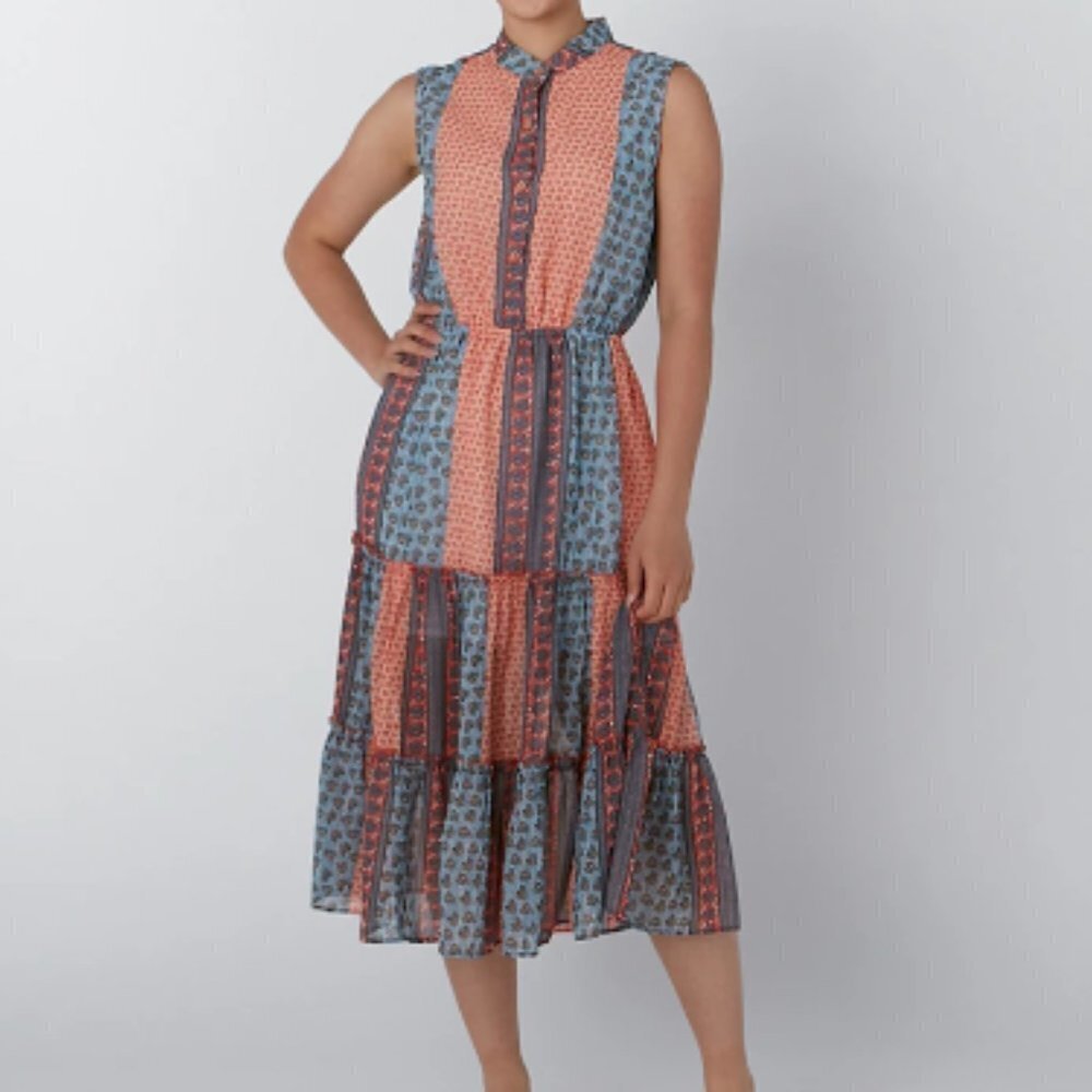 Celestial Blue Patchwork Sleeveless Midi Dress, size M NWT
